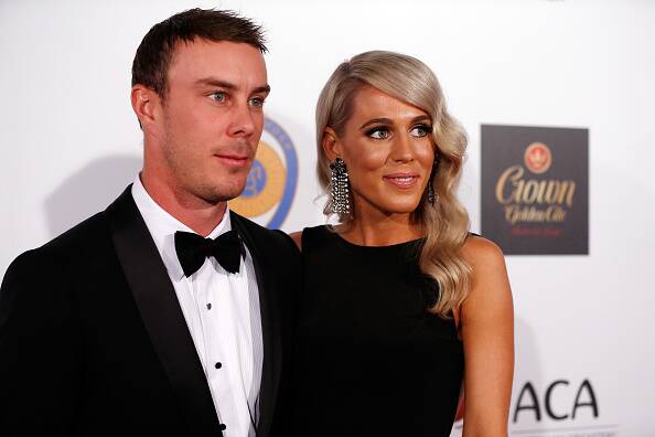 Chriss Lynn and Krystal Opperman arrive at the 2016 Allan Border Medal ceremony at Crown Palladium. Picture: Getty Images