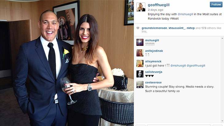 Geoff Huegill and his wife Sara Hill in an Instagram picture that claims they are n the Moet suites at Randwick. Photo: Instagram