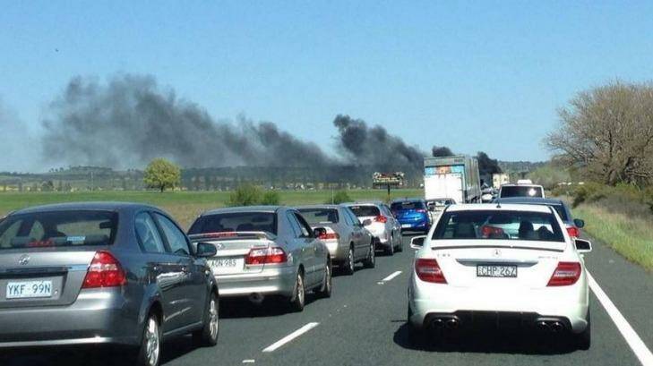 Traffic was backed up on both sides of the Federal Highway after a truck caught fire. Photo: Goulburn Post