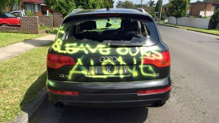 The graffitied car on Johnson Road, Bass Hill. Photo: Islamophobia Register Australia's Facebook page