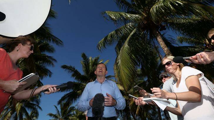 Tony Abbott addresses the media in Cape York.  Photo: Alex Ellinghausen