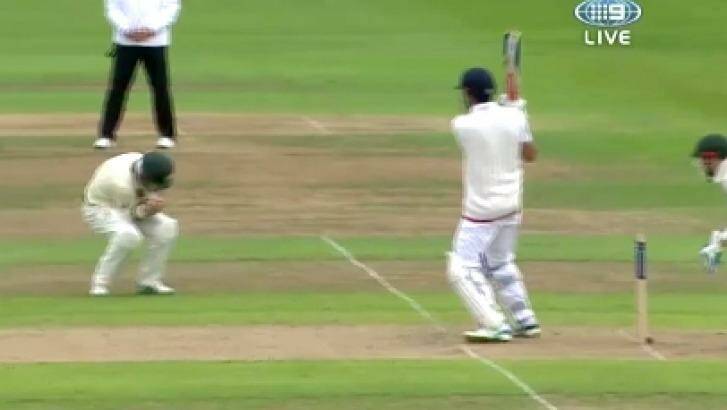 Freak dismissal: Adam Voges catches a full-blooded pull shot from Alastair Cook.