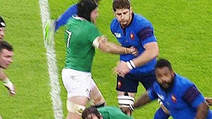 Punch: Ireland's Sean O'Brien lashes out against France. Photo: Screen grab: ITV