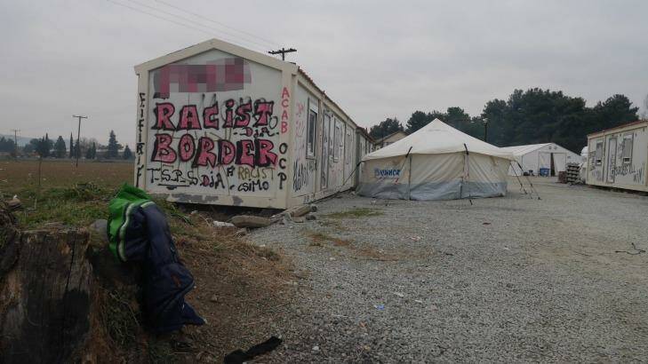 A sign near the Greek-Macedonia border where refugees who are not Syrian, Iraqis or Afghans are turned back. Photo: Nick Miller