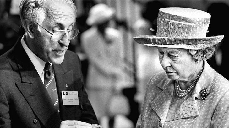 The Queen at the Bionic ear institute being shown the implant by Dr Graeme Clark. Photo: Jason South