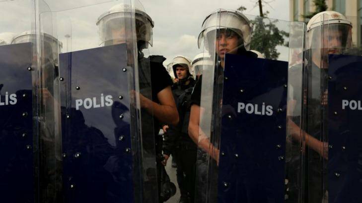 Blockade: police officers blocked off Taksim Square. Photo: Kate Geraghty