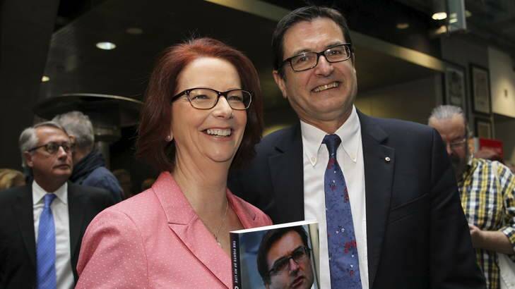 Julia Gillard and Greg Combet at the launch of his book, <i>The Fights of my Life</i>. Photo: Janie Barrett