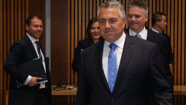 Treasurer Joe Hockey, with his frontbench team, at the release of the 2015 Intergenerational Report. Photo: Andrew Meares