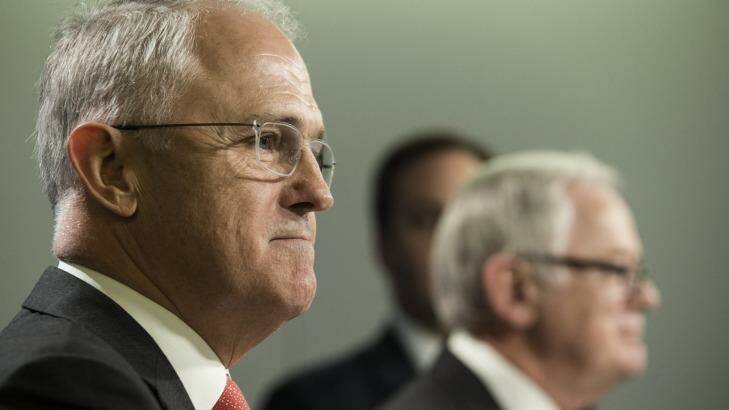 Malcolm Turnbull and Andrew Robb announced the deal with Singapore in Sydney on Friday. Photo: Louie Douvis