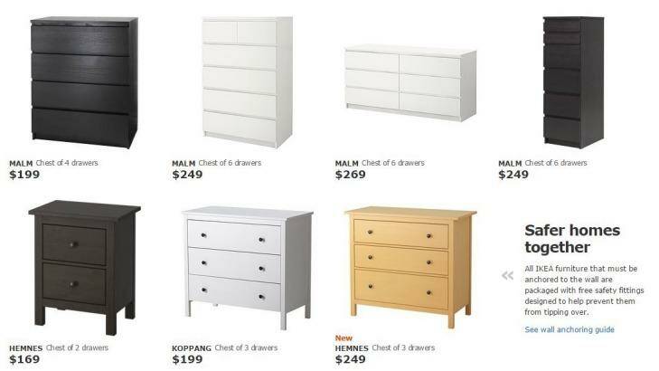 Malm chests of drawers listed on the Ikea Australia website, alongside a warning that they "must be anchored to the wall."
