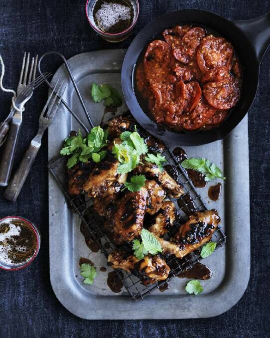 Neil Perry's barbecue chicken wings with spicy tomato sauce <a href="http://www.goodfood.com.au/good-food/cook/recipe/barbecue-chicken-wings-with-spicy-tomato-sauce-20130917-2tvyw.html"><b>(recipe here).</b></a> Photo: William Meppem
