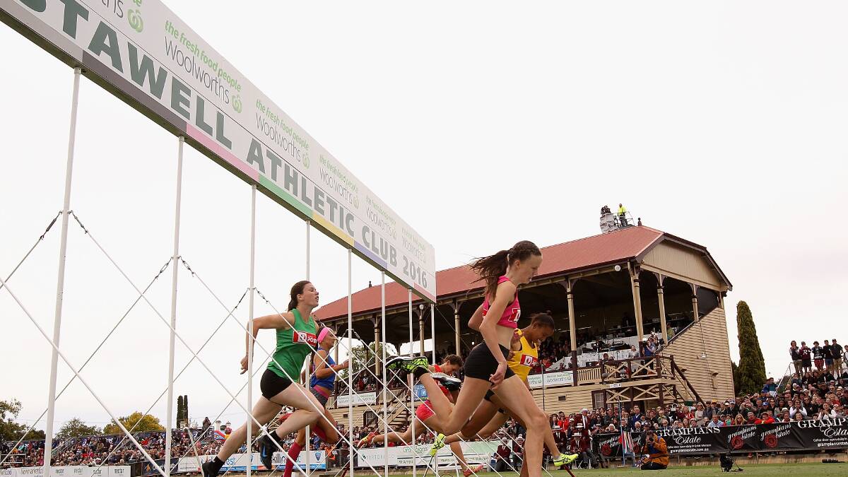 Talia Martin (pink) wins Women's 120m Women's Gift during the 2016 Stawell Gift on March 28, 2016 in Stawell, Australia. Photo: Robert Prezioso/Getty Images.