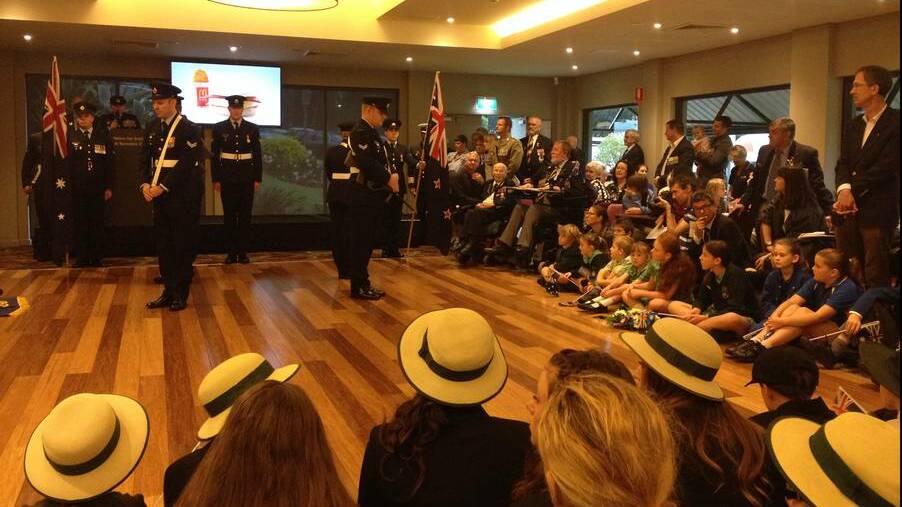 NEWCASTLE: The Anzac Day service at Nelson Bay Bowling Club. Photo: Marina Neil, The Newcastle Herald.