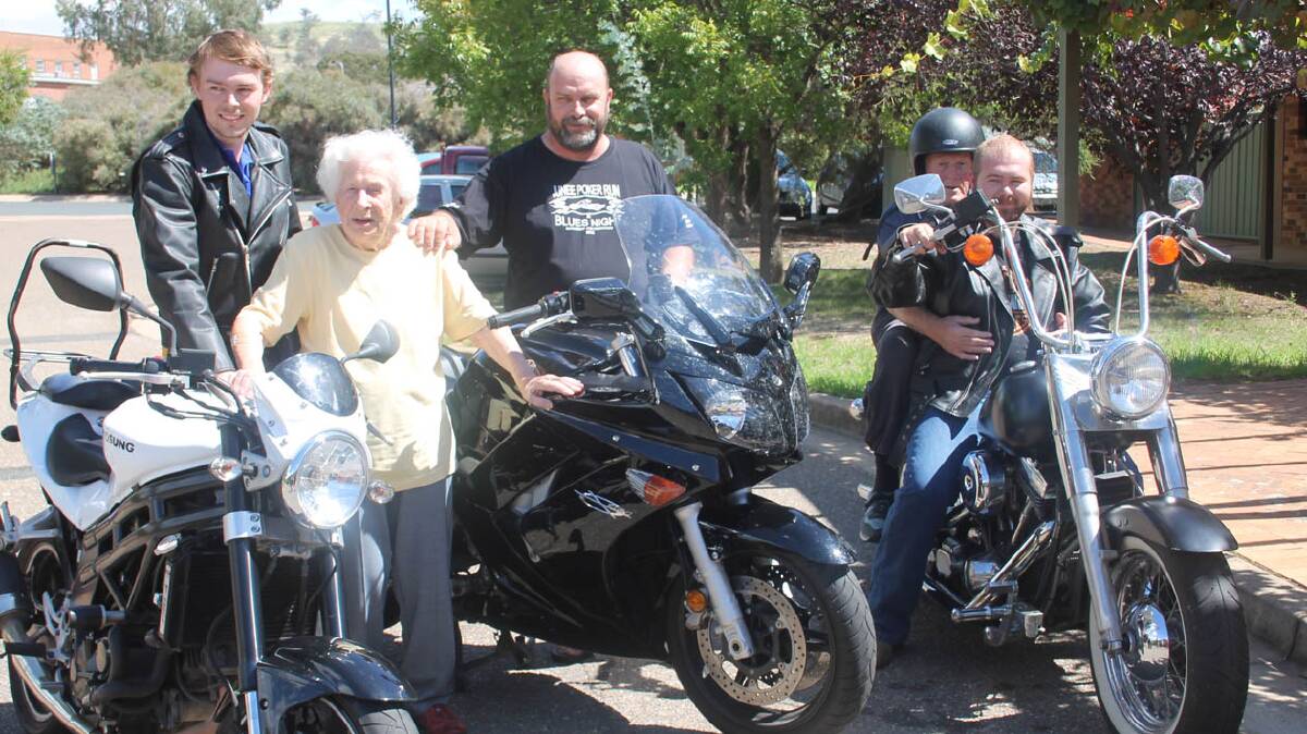 COOTAMUNDRA: Gearing up for this Saturday’s Poker Run are (from left) Reagan, David and Joel Bartholomew. They are pictured here with Cootamundra Nursing Home residents Fay McColm and Tom Pendergast. Starting at 10am at the Family Hotel, the Poker Run will raise money for the nursing home’s internal sprinkler system appeal.
