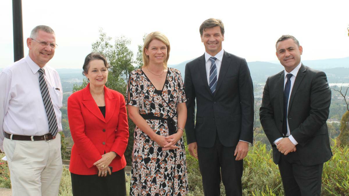CANBERRA: Coalition politicians from three levels of government united on Monday at one of Canberra’s most scenic lookouts Red Hill to discuss where they should put their own windfarms, rather than investing in NSW ones. Left to right: Goulburn Mulwaree Mayor Geoff Kettle, MPs Pru Goward, Katrina Hodgkinson, Angus Taylor and John Barilaro were keen to point to locations within the ACT where wind farms could be built. | Photo supplied.