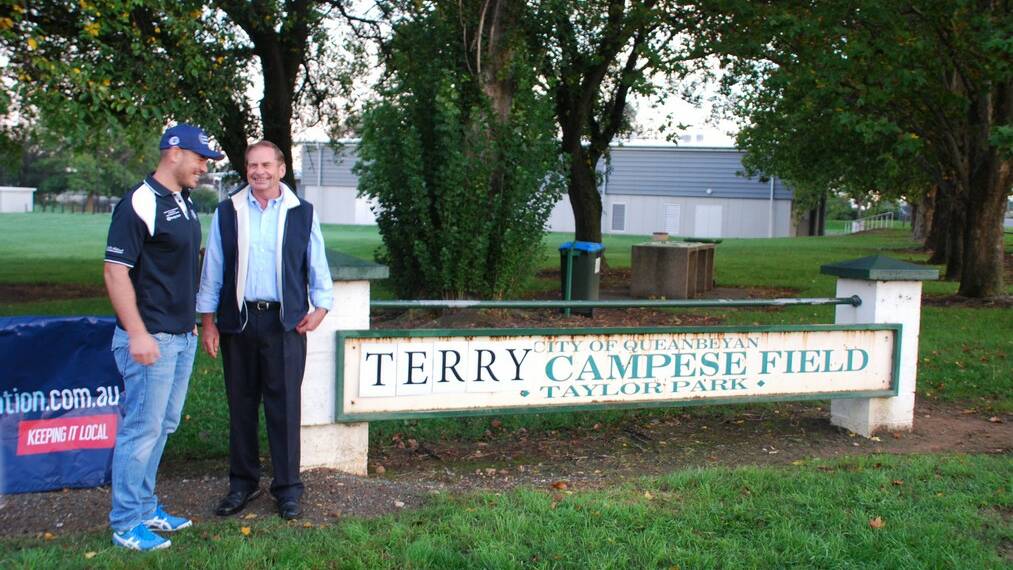 QUEANBEYAN: Queanbeyan City Council and the Terry Campese Foundation combined efforts to play an April Fools prank on locals. Mayor Tim Overall announced the David Campese Oval would be renamed after Terry. He said Terry's achievements "by far outweighed" those of his uncle. Photo: supplied.