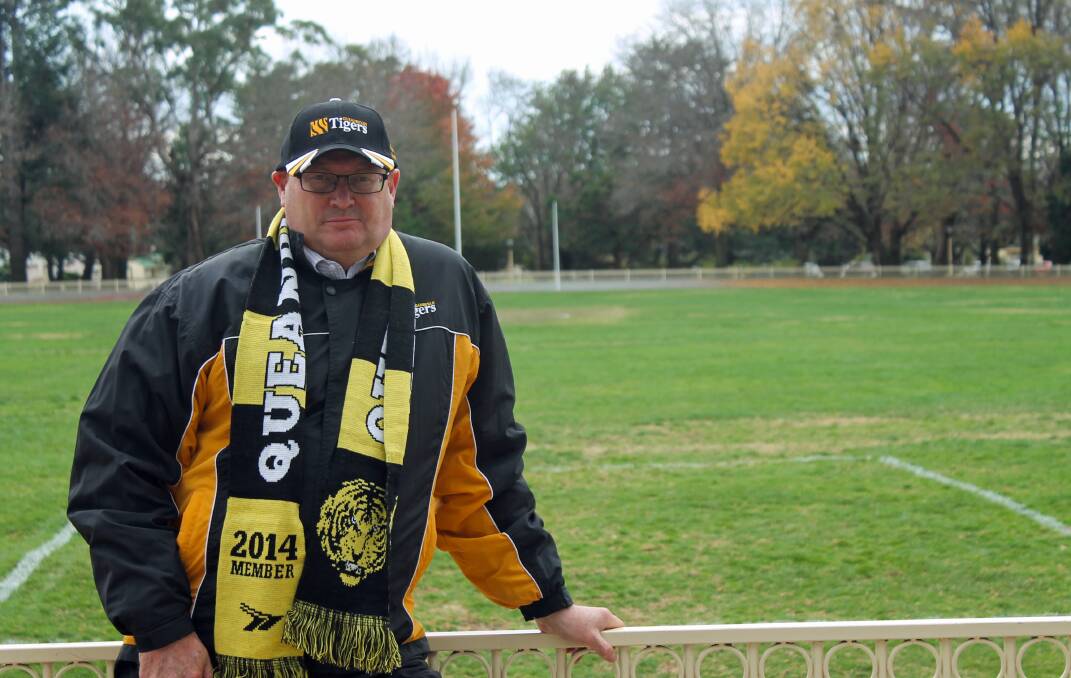 Queanbeyan Tigers' committee member and veteran of 166 games, Col Imrie, in front of the Tigers' original home ground of 55 years, Queanbeyan Park. The Tigers will celebrate 90 years as a club this Saturday. Photo: Joshua Matic.