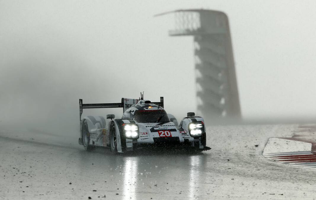 Queanbeyan's Mark Webber races through the wet at the Circuit of the Americas in Austin, Texas last weekend. Photo: Porsche.
