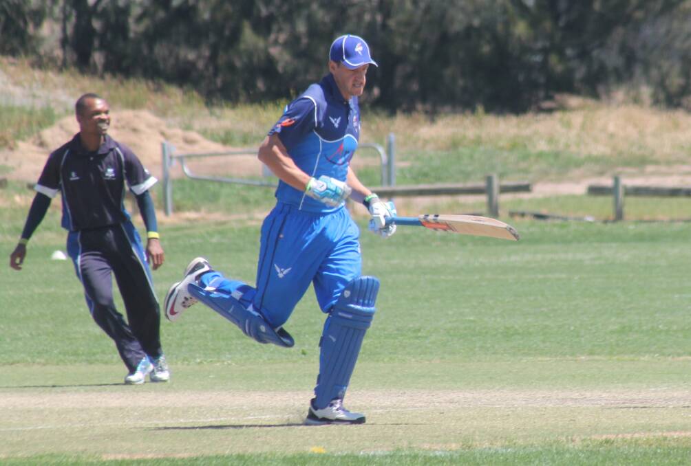Queanbeyan batsman Simon Fahey takes a run during his innings of 27 in the rescheduled round 10 John Gallop Cup match against the ANU at Freebody Oval last Sunday. Photo: Joshua Matic.