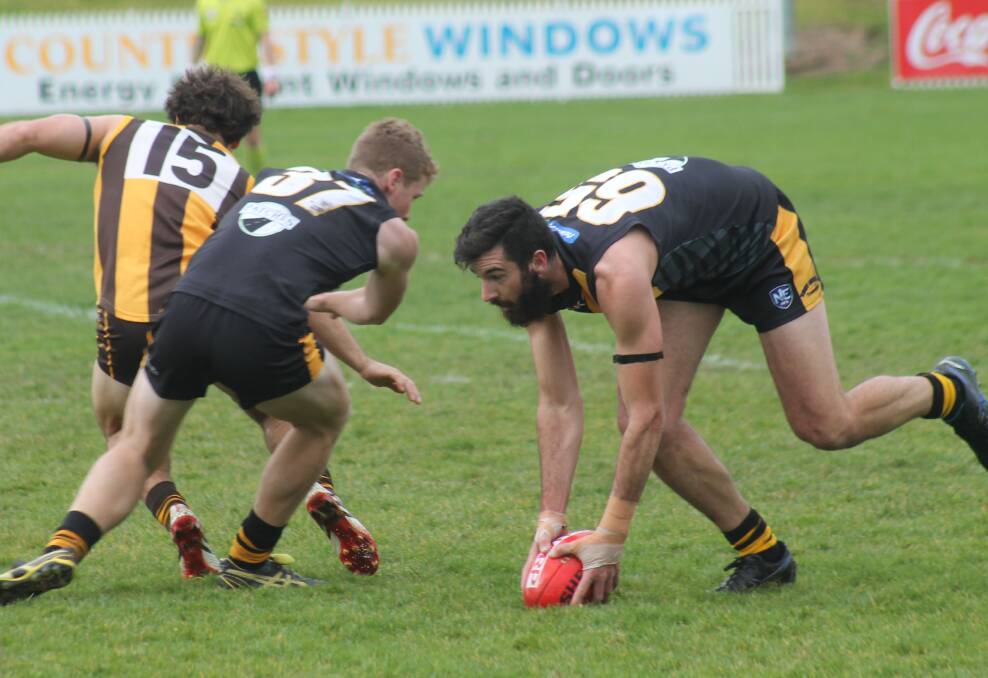 Queanbeyan Tigers AFL Canberra player Mitchell Gorman against the Tuggeranong Hawks a fortnight ago. Photo: Joshua Matic.