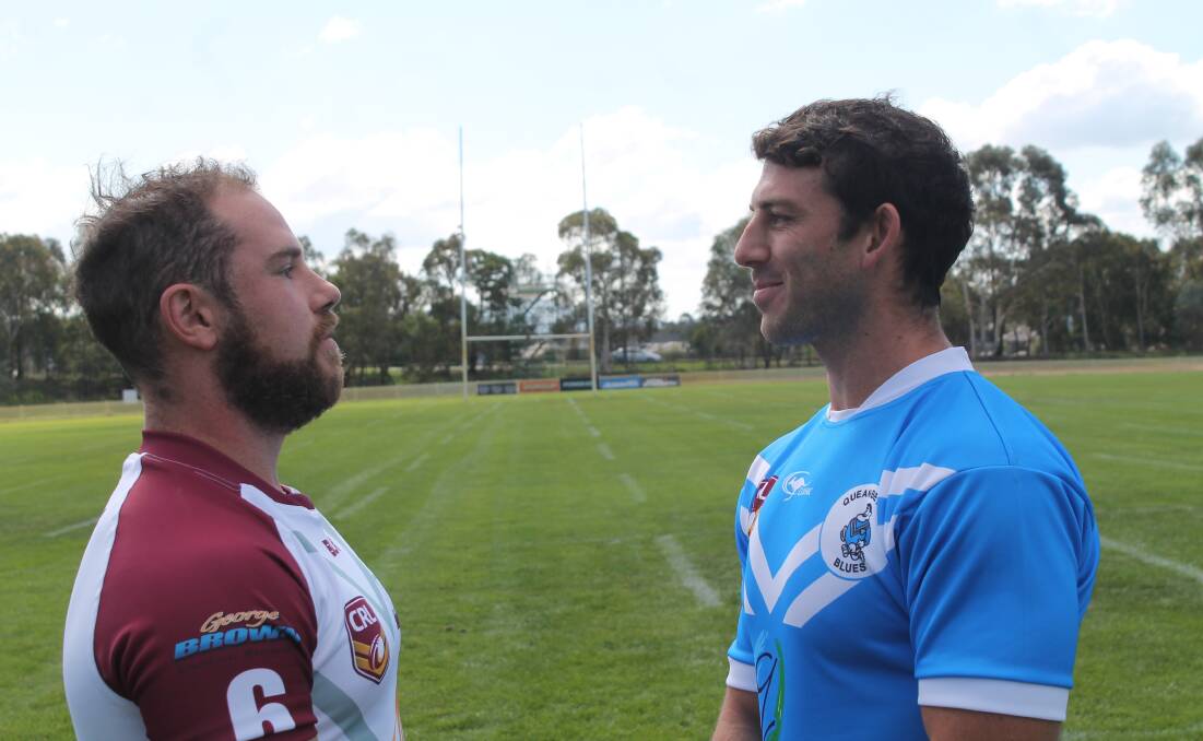 Queanbeyan Kangaroos player Josh Mitchell faces off with Queanbeayn Blue Andrew Mack at the Canberra Raiders Cup launch Thursday last week. Photo: Joshua Matic.