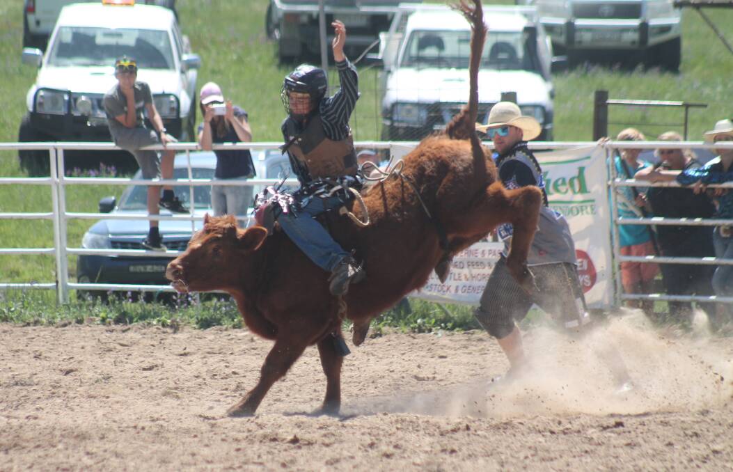Boro teenager Casey Woodbridge rides his steer during his win in the boys 14 to 18 years division at the Bungendore Rodeo on Sunday. Photo: Joshua Matic.
