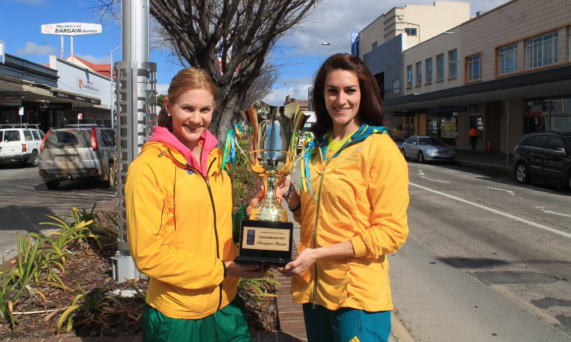 Australian sprinters Melissa Breen and Lauren Wells with the Queanbeyan Gift women's cup. Photo: Joshua Matic.