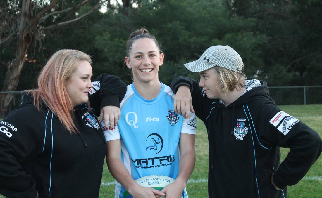 Queanbeyan Whites women players Stephanie Stewart-Jones, Nikki Stanley and Rebecca Maher are excited to hit the paddock at Campese Field once again in round one of the women's division. Photo: Joshua Matic.