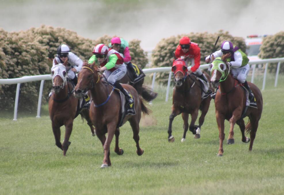 The Queanbeyan Racing Club was vibrant during the Defence Force Cup day at the club last Sunday. Pictured are horses racing in race five from the day. Photo: Joshua Matic.