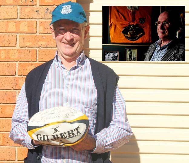 Former Wallabies player and Queanbeyan Whites legend Peter Ryan outside his Canberra home with his Whites cap and Brumbies football, signed by each member of the squad. Photo: Andrew Knezevic.
Inset: Ryan with his Wallabies jersey and cap.