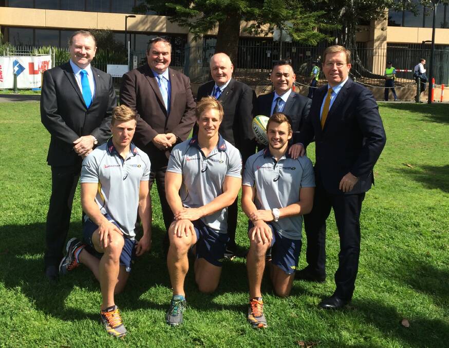 NSW members of parliament, including member for Monaro John Barilaro, with Australian sevens players Lewis Holland, Jesse Parahi and Paul Asquith.