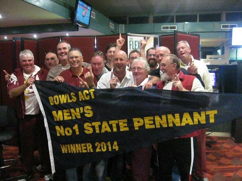 The Queanbeyan Bowling Club men's team celebrate their Pennant Series number one win at the club two weekends ago. Photo: Queanbeyan Bowling Club.