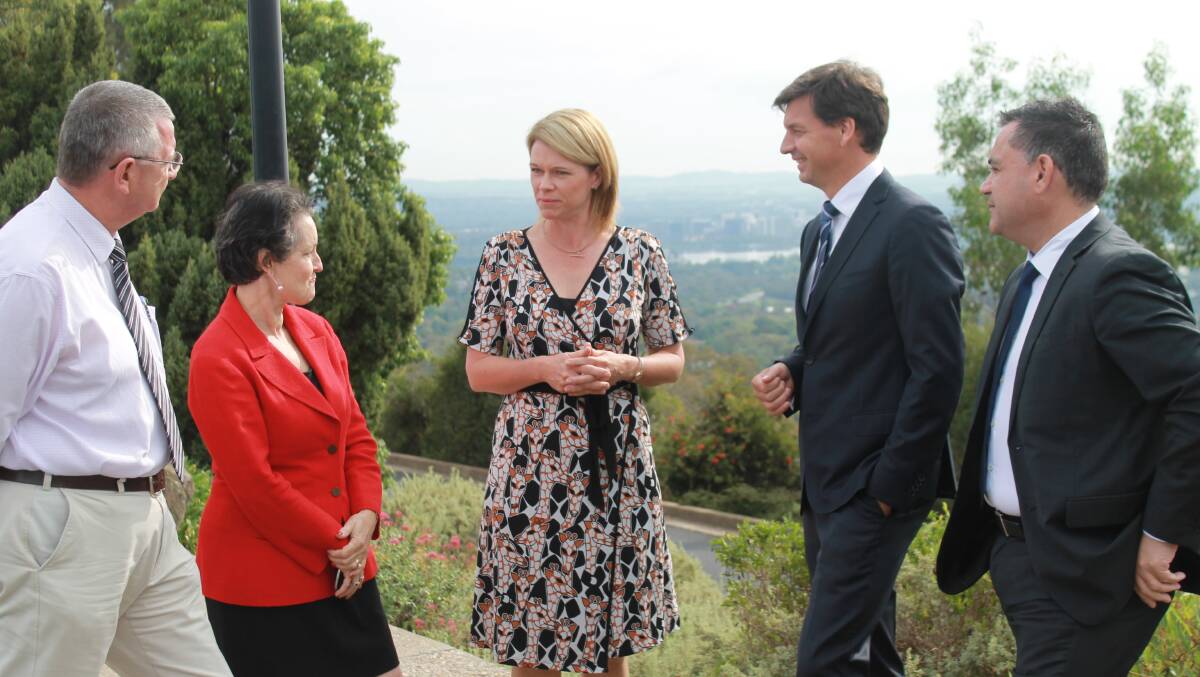 Goulburn Mulwaree Mayor Geoff Kettle, State Member for Goulburn Pru Goward, State Member for Burrinjuck Katrina Hodgkinson, Federal Member for Hume Angus Taylor and State Member for Monaro John Barilaro at Red Hill on Tuesday. Photo: Supplied.