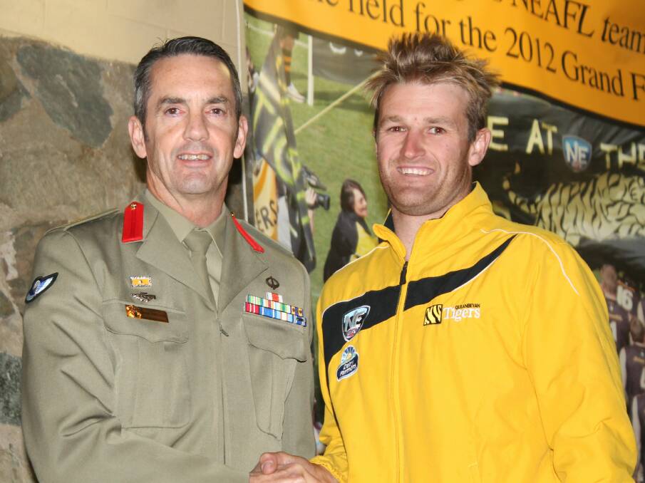 Brigadier Dan Fortune with Tigers vice captain Brett Fruend. Photo: Steph Konatar.