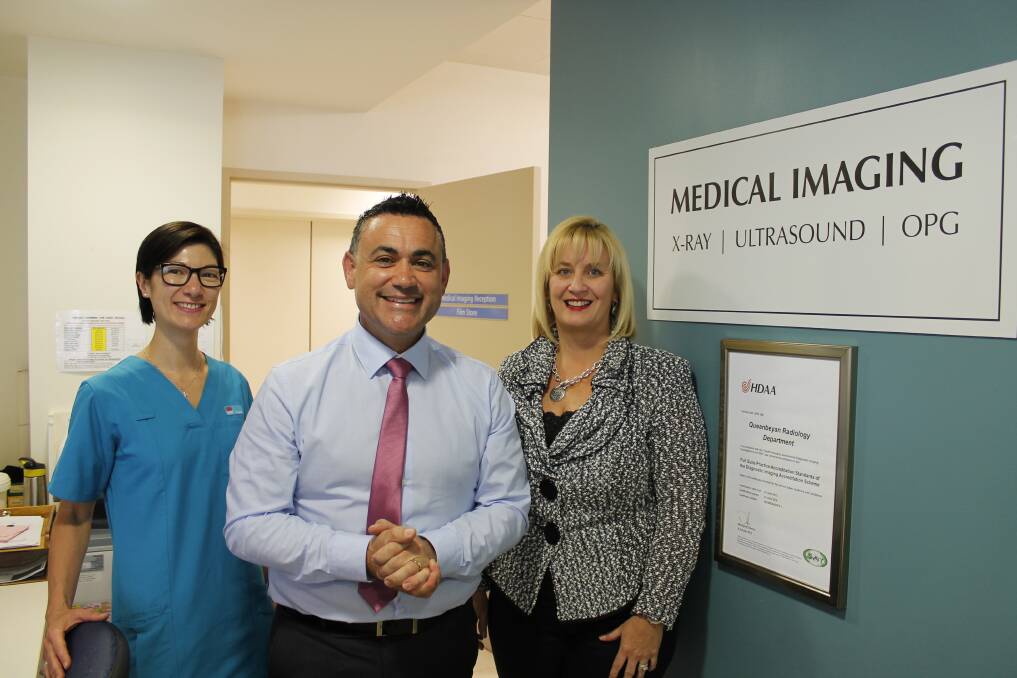 John Barilaro with Queanbeyan Hospital's medical imaging manager Samantha Pavitt (left) and health services manager Kim Bradshaw announcing a new CT scanner for the hospital.