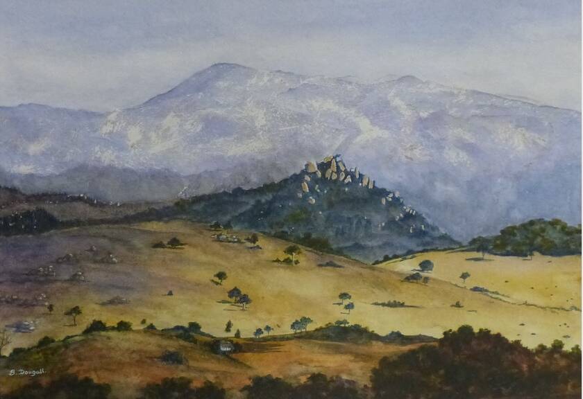 Local artists Beverley Dougall won Best in Show of the new Queanbeyan Art Society exhibition with her painting 'Snow Dusting The Brindabellas' in acrylic.