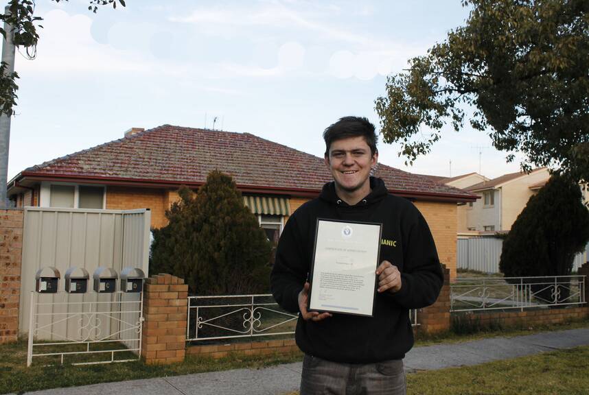 Tristan Kilpatrick was awarded a certificate of appreciation from Queanbeyan Police this week for his help in saving the life of an injured motorcyclist.