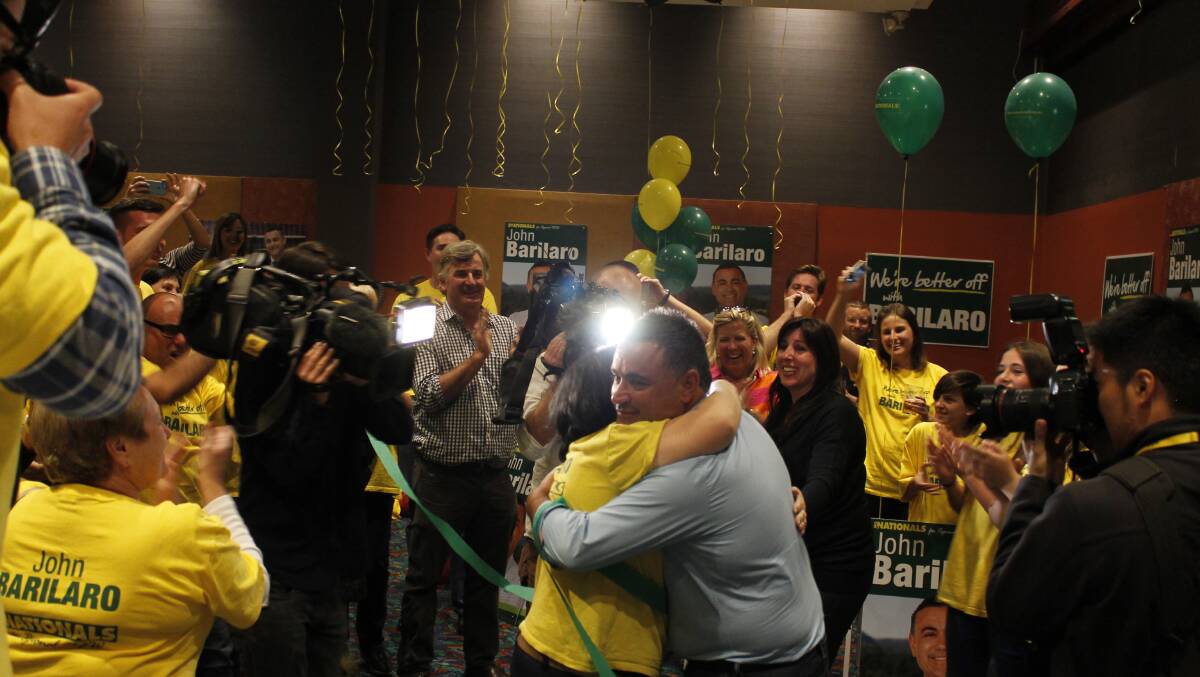 John Barilaro receives a hero's welcome from supporters at the Queanbeyan Kangaroos Club on election night (Photo: David Butler).