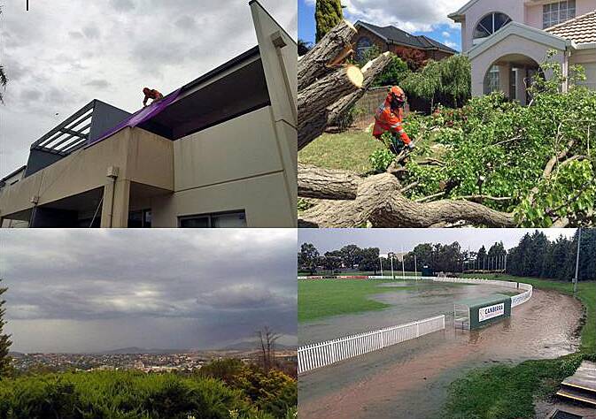 Local SES volunteers tackles downed trees and leaking roofs in Queanbeyan following torrential rain at the weekend (PHOTOS: Qbn SES, The Queanbeyan Tigers, Nichole Overall).