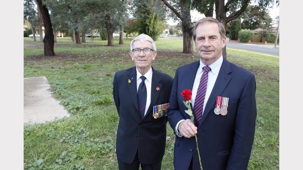 Queanbeyan ex-servicemen and councillors Peter Bray (deputy mayor) and Tim Overall (mayor) at the site of the new commemorative garden in Moore Park, recognising the centenary of ANZAC and 100 years of Red Cross in Queanbeyan.