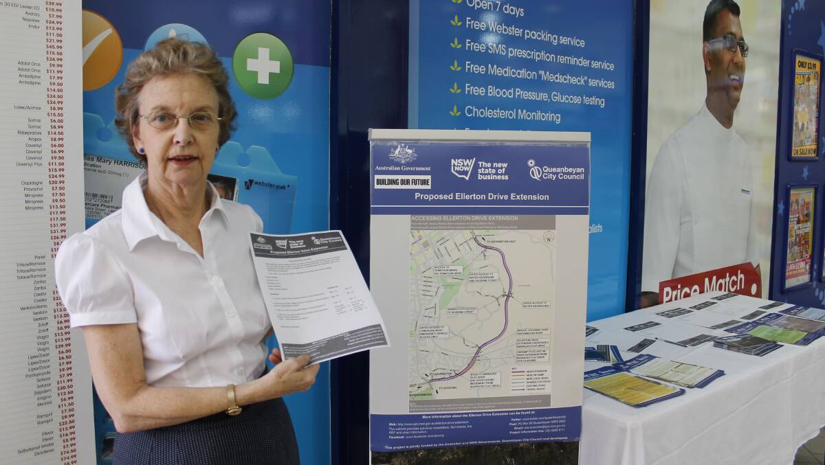 Karabar woman Sheila Norma at an Ellerton Drive Extension pop-up information stall at the Karabar Shopping Centre. She's labelled Council's ongoing consultation period for the road as 'biased.'