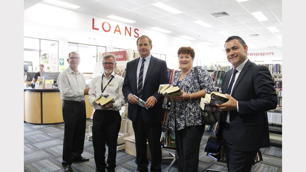 Deputy mayor Peter Bray, Library manager Peter Conlon, mayor Tim Overall, Cr Sue Whelan and John Barilaro at the announcement of new funding for the Queanbeyan Library last week.