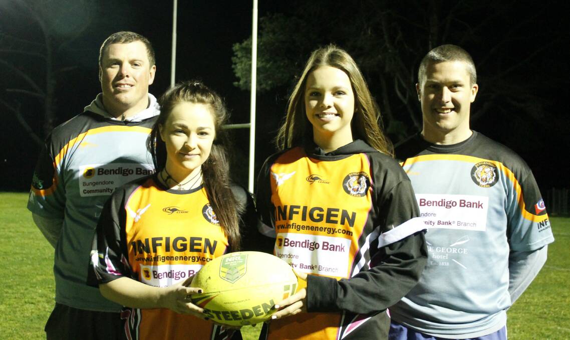 Bungendore Tigers captain/coach Mark Hogan and player/coach Dan Woodford with Tigerettes acting captain Cassie Taylor and Teagan Pateman. Photo: Steph Konatar.