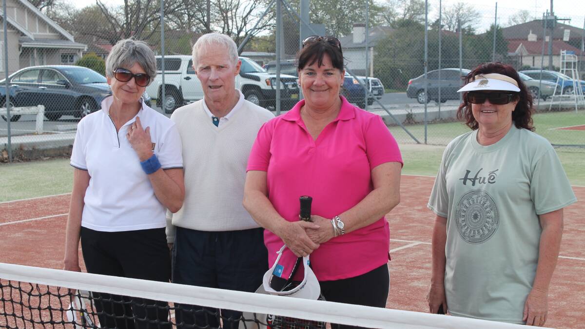 (From Left) Queanbeyan Park Tennis Club members Sue Hancock, Bill Peart, Vice President Kathy Sly and Club Secretary Kris Mitchell enjoying a hit out at the Queanbeyan Tennis Courts. Photo: Miles Thompson.