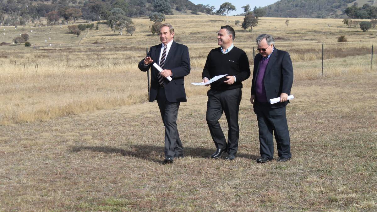 Queanbeyan Mayor Tim Overall, Member for Monaro John Barilaro MP and Bob Winnel CEO of Village Building Company at Tralee. Photo: supplied.