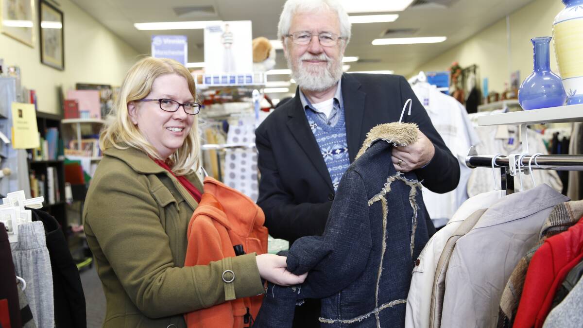 Riverside Plaza marketing manager Heidi Flaherty and St Vinnies' Frank Bassil are encouraging locals to donate their winter woollies to help others during the colder months. Photo: Kim Pham.