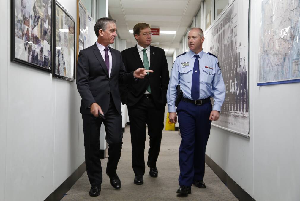 NSW Police Commissioner Andrew Scipione, NSW minister Troy Grant and Monaro Local Command superintendent Rod Smith inspect the Queanbeyan Police Station which will undergo a $15 million refurbishment. Photo: Kim Pham.