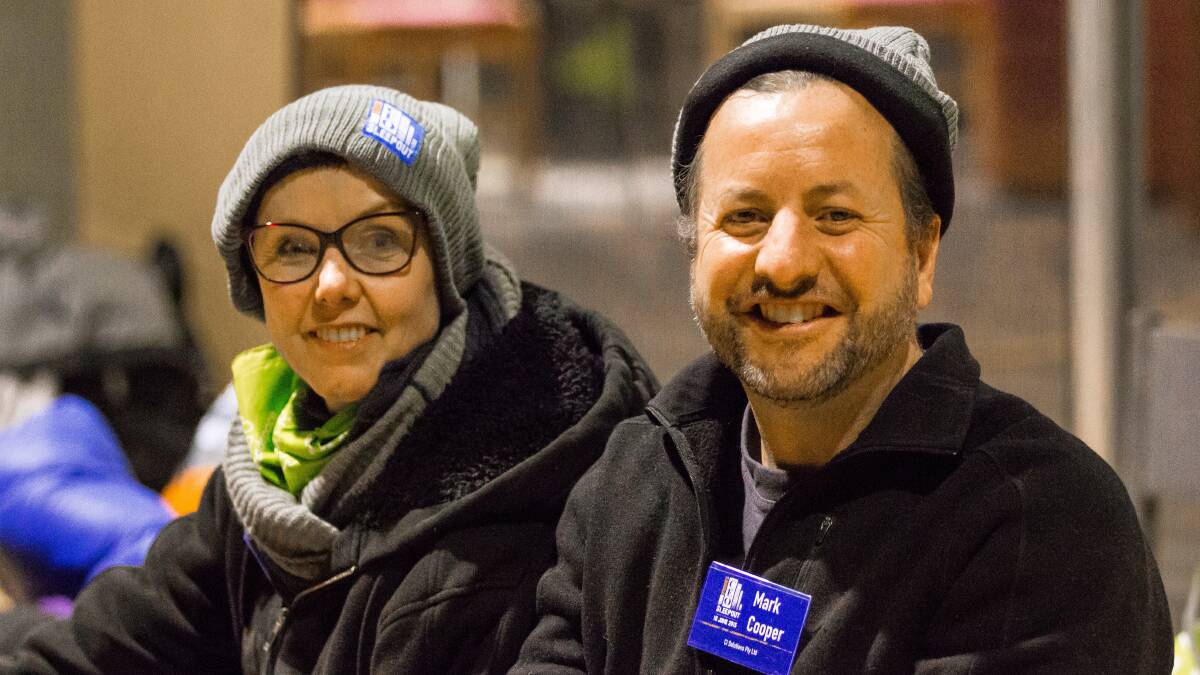 Carol Sutton and Mark Cooper were among the 95 CEOs to take part in the Canberra St Vinnies CEO Sleep Out. Photo: Vishal Pandey of Wanderlust73.