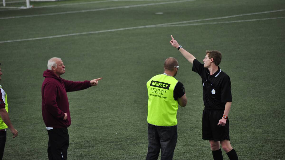 Strikers Coach Robin Caulfield was sent to the stands for talking back to an official. Photo: Chris Clarke