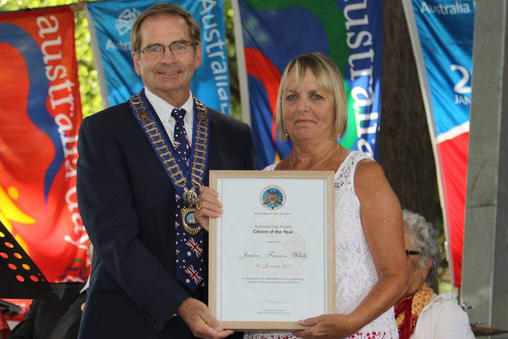 Mayor Tim Overall with Queanbeyan's  Citizen of the Year Janine White. Photo: Michael Shilling.